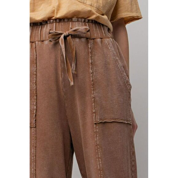 Easel Washed Terry Knit Wide Leg Boho Bohemian Pants in Choco Brown S-L EB40706 - Picture 4 of 5